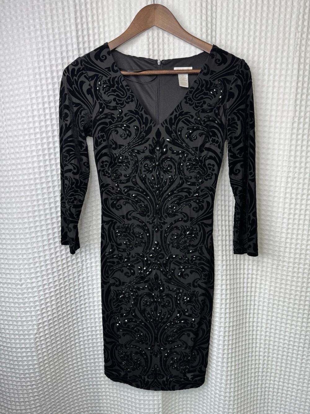 Cache Womens Size 0 Black Gray Velvet Flocked Beaded Bodycon Cocktail Dress
